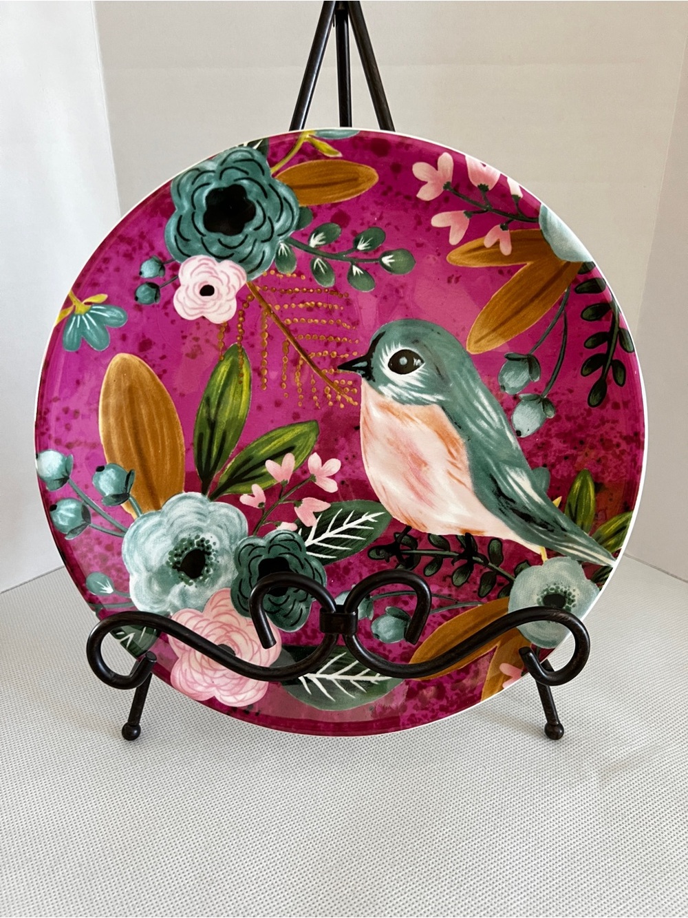 Pier 1 Imports Dolomite Ceramic Salad Plate Bird & Flowers Details Magenta 8.5”